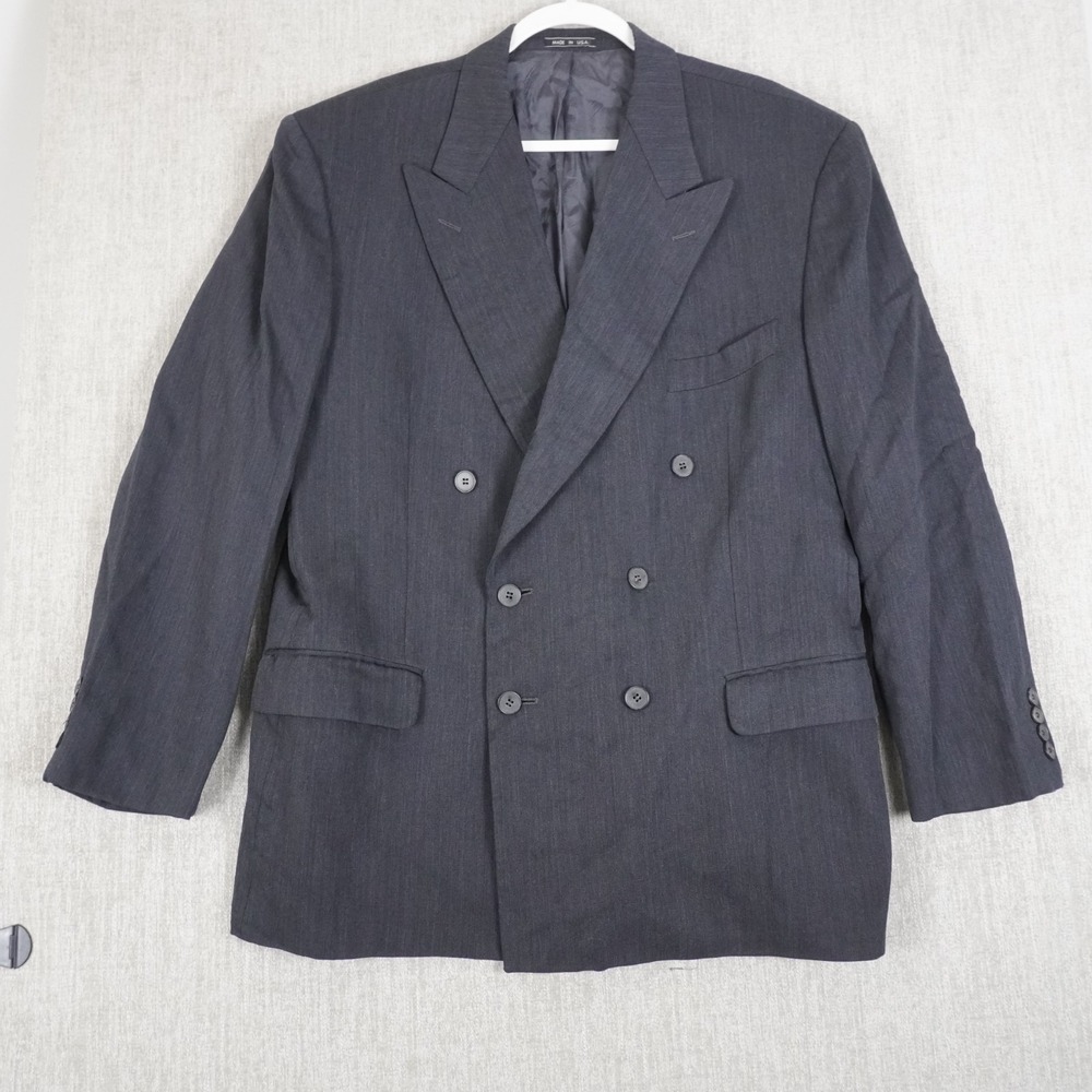 Calvin Klein Mens 44R Double Breasted Wool Blazer Charcoal Grey Made in USA